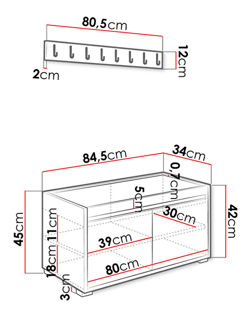 Nábytok do predsiene 80 + 2 kusy čalúnených nástenných panelov Pag 40x30 Karline (Biela + sivá)