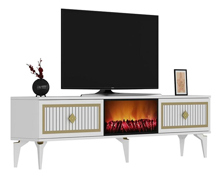 TV asztal/szekrény kandallóval Kebive (fehér + arany) 