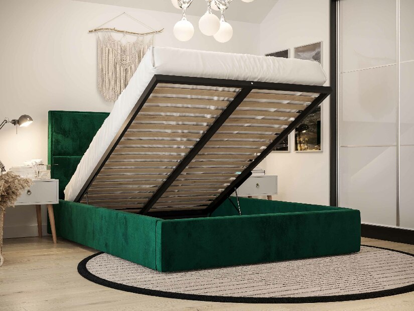Manželská posteľ 140 cm Elna (tmavozelená) (s roštom a úložným priestorom)
