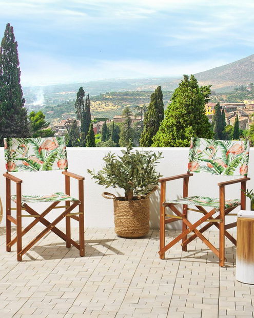 Set 2 vrtne ležaljke s rezervnim presvlakama Ciala (tamno drvo akacije + uzorak flaminga)