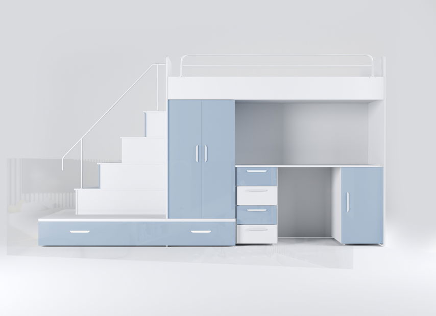 Detská posteľ Ruby V (biela + lesk svetlomodrý) (s roštami)