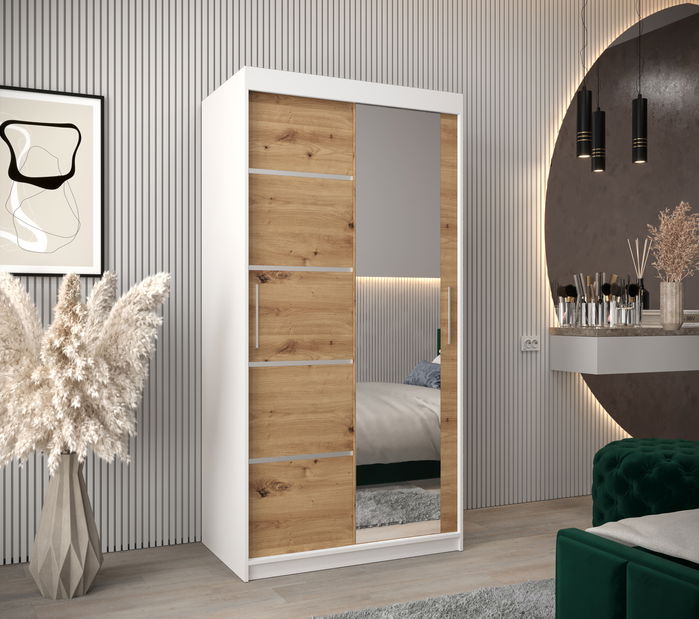 Dulap de haine 120 cm cu oglindă Verika 2 120 (alb + stejar artisan)