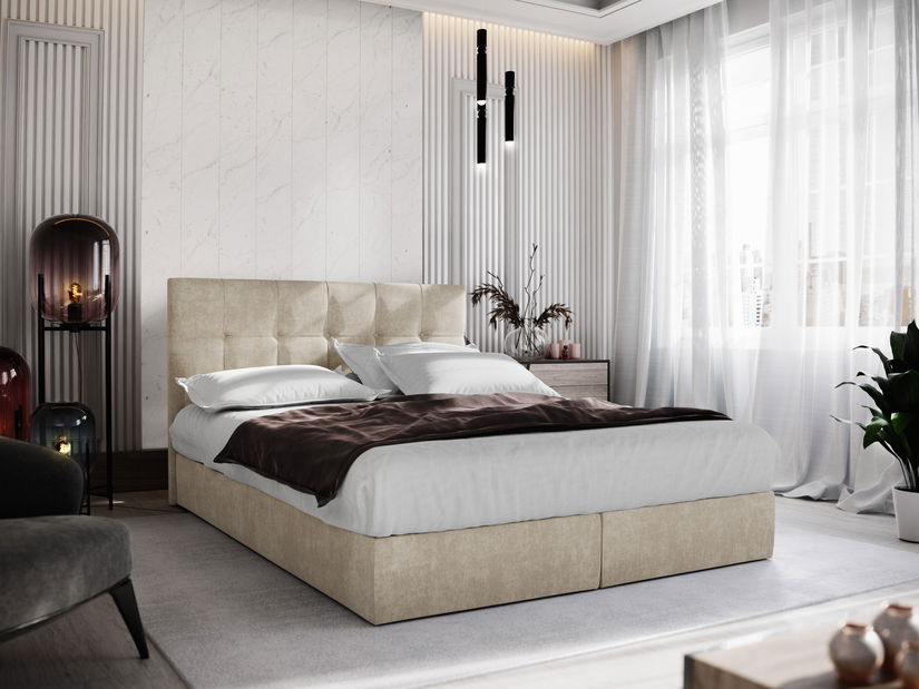 Pat matrimonial Boxspring 160 cm Porto Comfort (bej) (cu saltea și sp. depozitare)