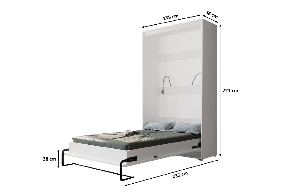 Sklápacia posteľ 120 Homer (biela matná + lesklá čierna) (vertikálna) (s osvetlením)