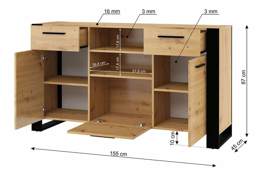 Komoda Nulakka C (hrast artisan + crna mat)