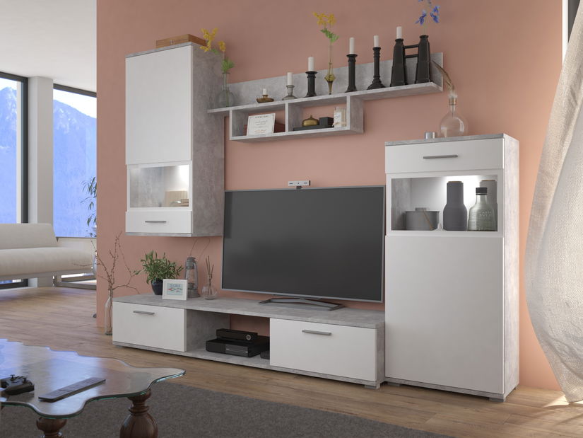 Obývacia stena Balbo (betón + biela matná) (bez osvetlenia)