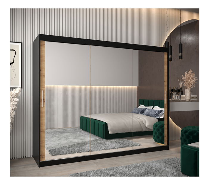 Dulap de haine 250 cm Toki 3 (negru mat + stejar artisan)