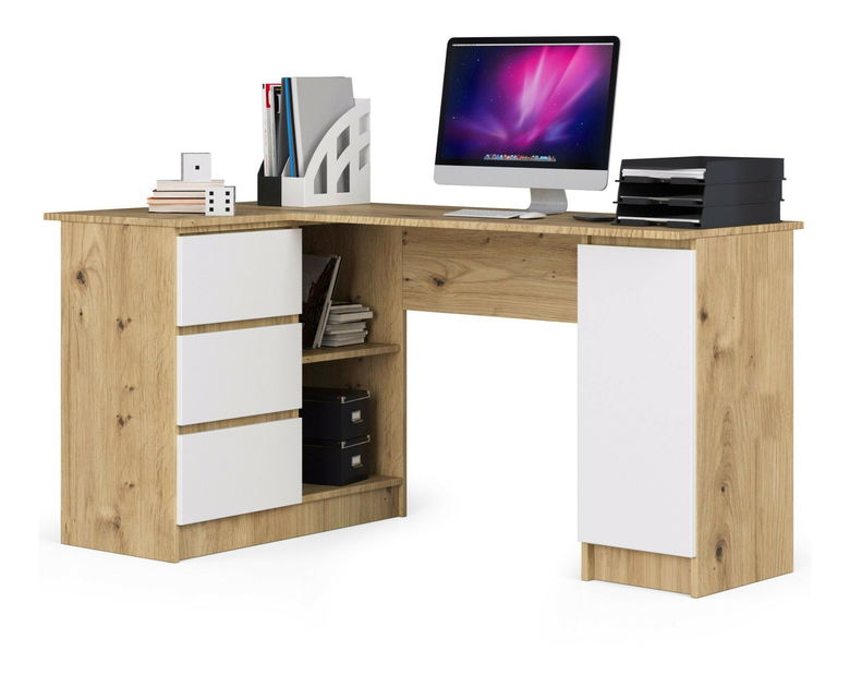 Masă PC de colț Bevin (Stejar artisan + Alb) (S)