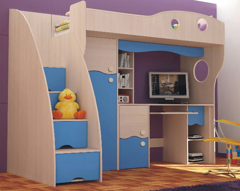 Poschodová posteľ 80 cm Eman modrá (s PC stolíkom)