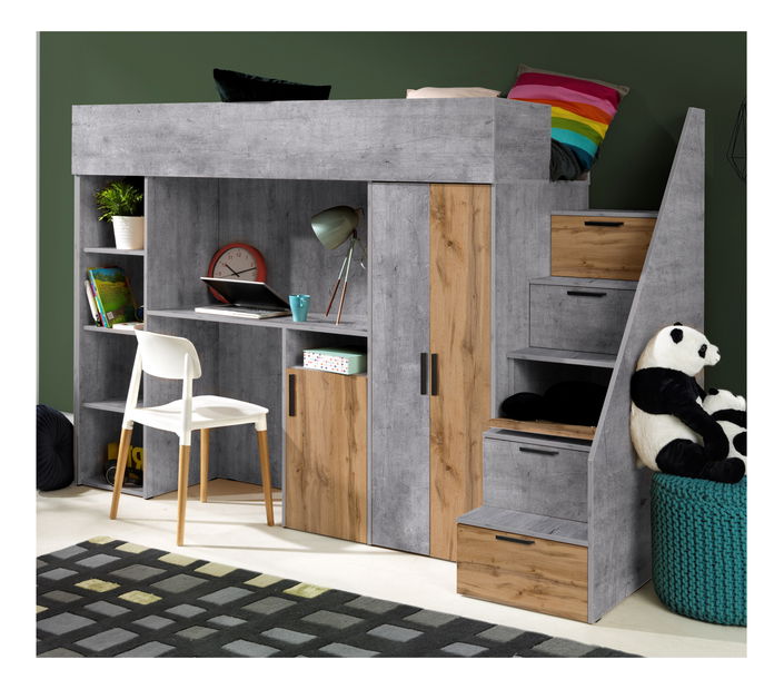 Pat pentru copii combinat 90 cm Kesa 14 (beton + stejar wotan)