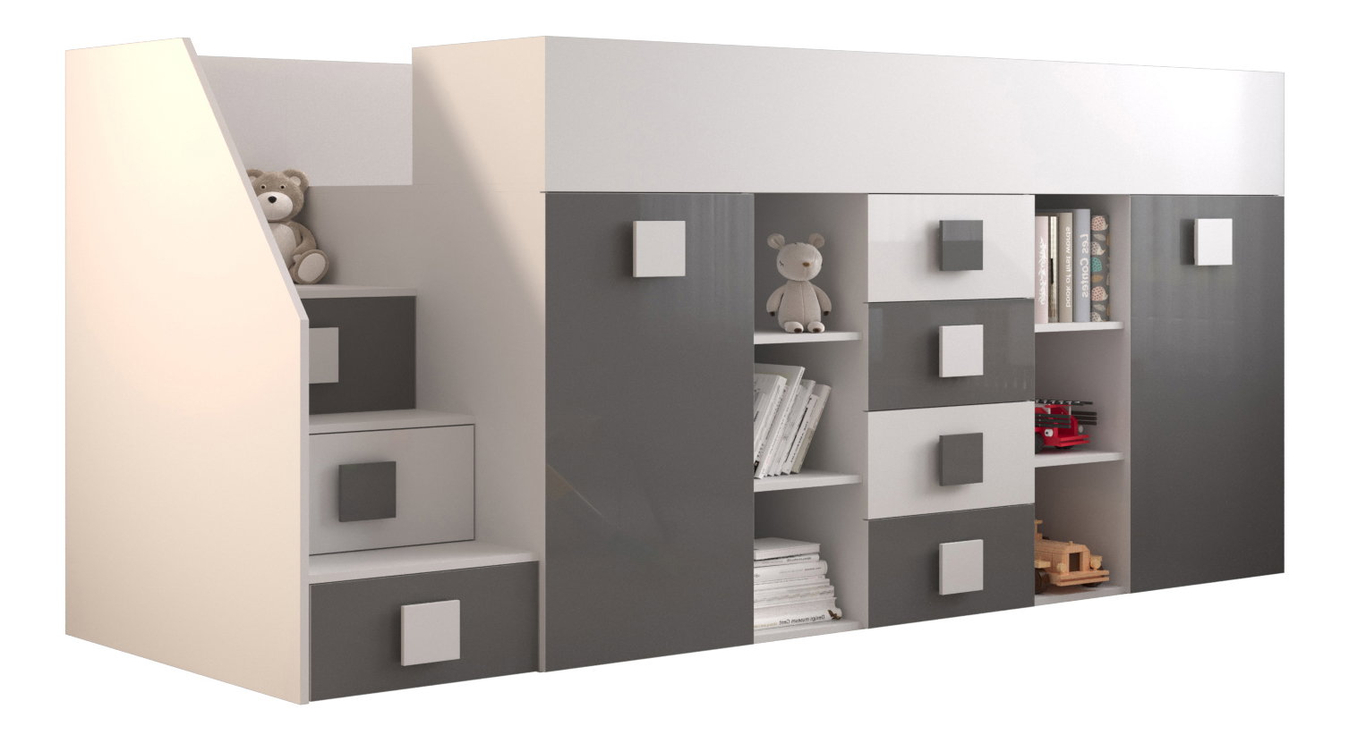 Detská kombinovaná posteľ 90 cm Toreno 3 (biela + biely lesk + sivý lesk) (L)