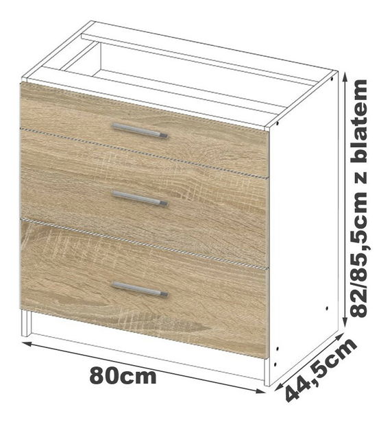 Dulap inferior de bucătărie Lula s80 sz3 (Alb mat + stejar sonoma)