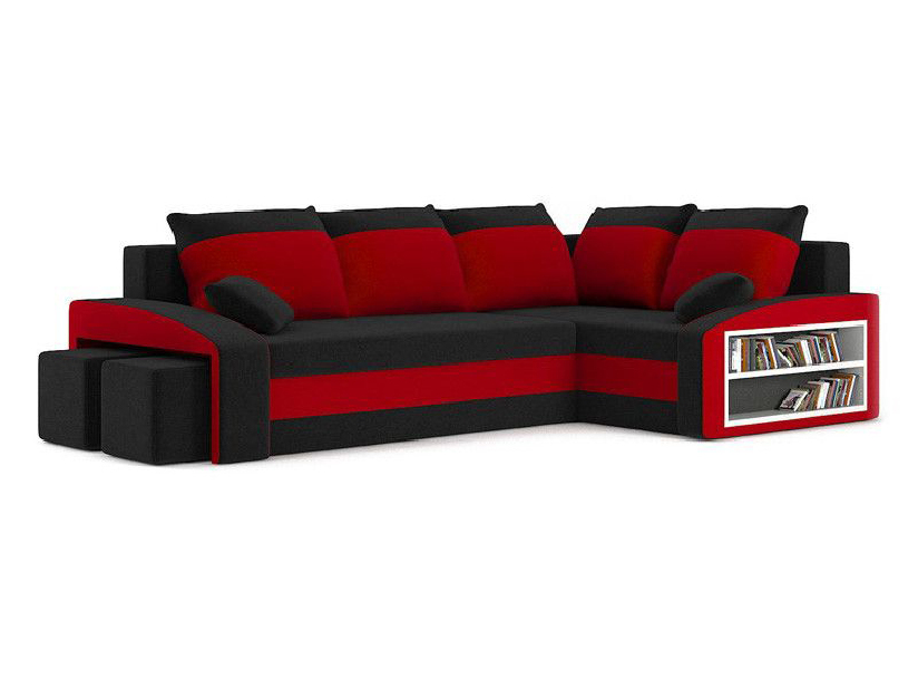 Rohová sedačka Ginevra (čierna + červená) (s poličkou a taburetkou) (s bonell pružinami) (P)