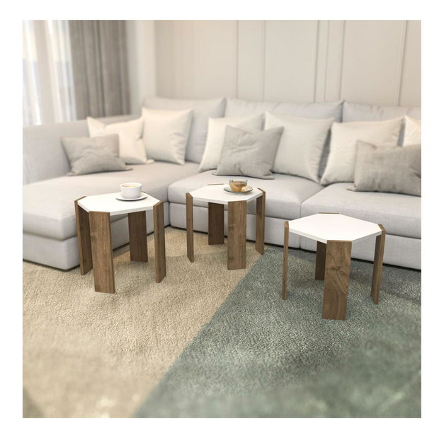 Set 3 măsuțe cafea Lorizolla (alb + nuc)