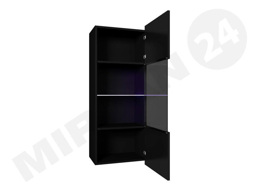 Zidna vitrina Brolani BR11 (crna + crni sjaj) (s plavom LED rasvjetom)