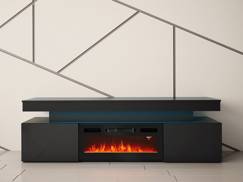 TV ormarić s kaminom Lesteralo EF 2D 190 (crna + crni sjaj) (s plavom LED rasvjetom)