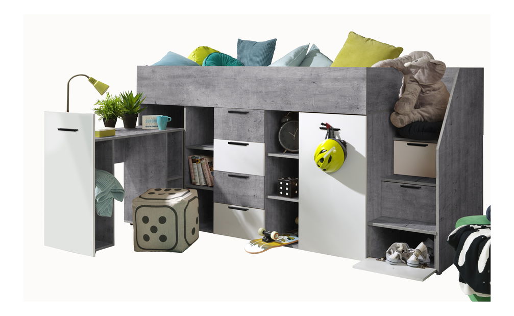 Detská kombinovaná posteľ 90 cm Kesa 3 (betón + matná biela) (P)