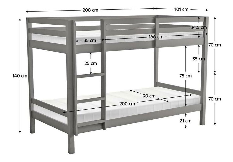 Detská poschodová posteľ 90 cm Invocato (sivá) (s roštom)