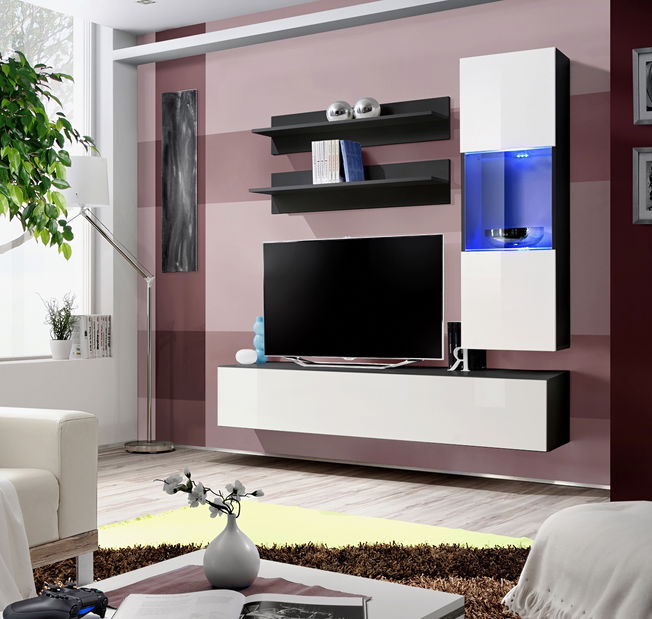 Obývacia stena Ferryhill 23 ZW FY H3 (s osvetlením) (čierna + lesk biely)