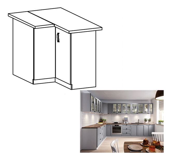 Alsó sarok konyhaszekrény D90N Lanaya (fehér + matt szürke)