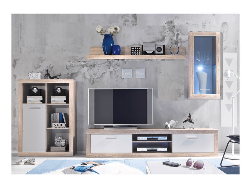 Nappali fal LED világítással Belina (szonoma tölgy + fehér)