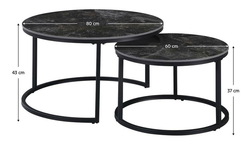 Set stolića ta kavu (2 kom.) Lastras (crni mramor + crni čelik)