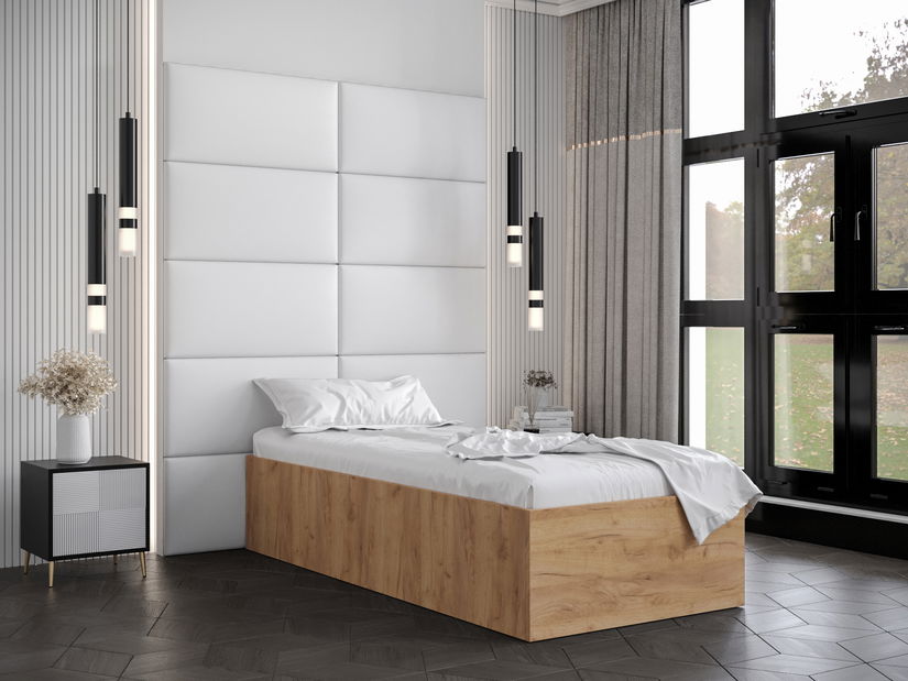 Pat de o persoană cu tăblie tapițată 90 cm Brittany 1 (Stejar craft auriu + Alb) (cu somieră)