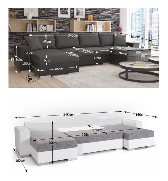 U alakú kanapé Estevan (fekete + szürke) (B)