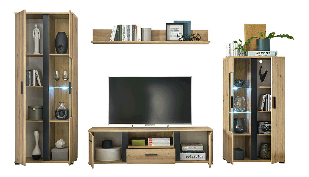 Mobilier living Kardun (stejar artisan + negru) (Cu iluminat LED)