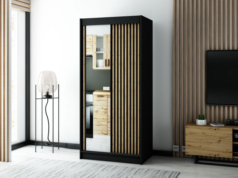 Šatníková skriňa 100 cm Ladonna 2 (čierna matná) (so zrkadlom)