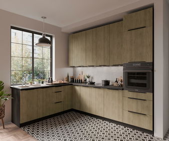 Rohová kuchyňa Carminia (dub cremona + čierna)