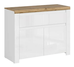 Comodă Vilgi 2D1S (alb ultra lucios + Stejar wotan)