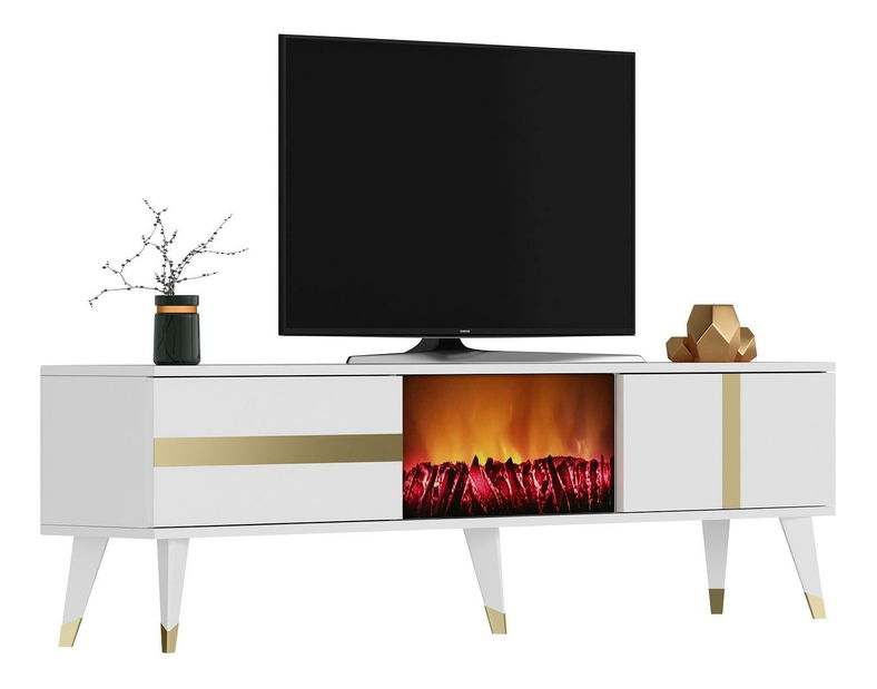 TV stolík/skrinka s krbom Vekika 3 (biela + zlatá) 