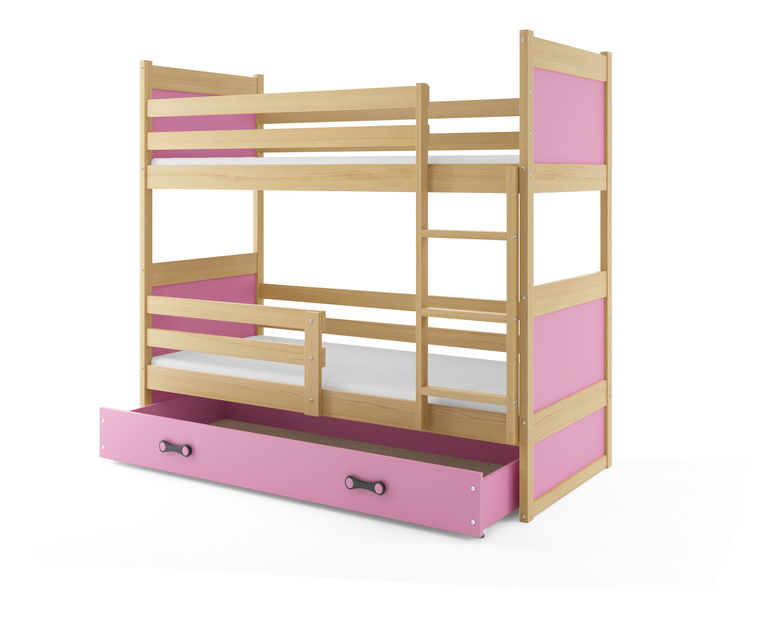 Poschodová posteľ 80 x 190 cm Ronnie B (borovica + ružová) (s roštami, matracmi a úl. priestorom)