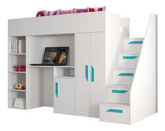 Pat pentru copii combinat 90 cm Puro 14 (alb mat + alb lucios + mânere Turcoaz)