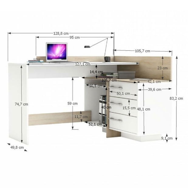 Masă PC de colț Teny (Alb + Stejar sonoma)