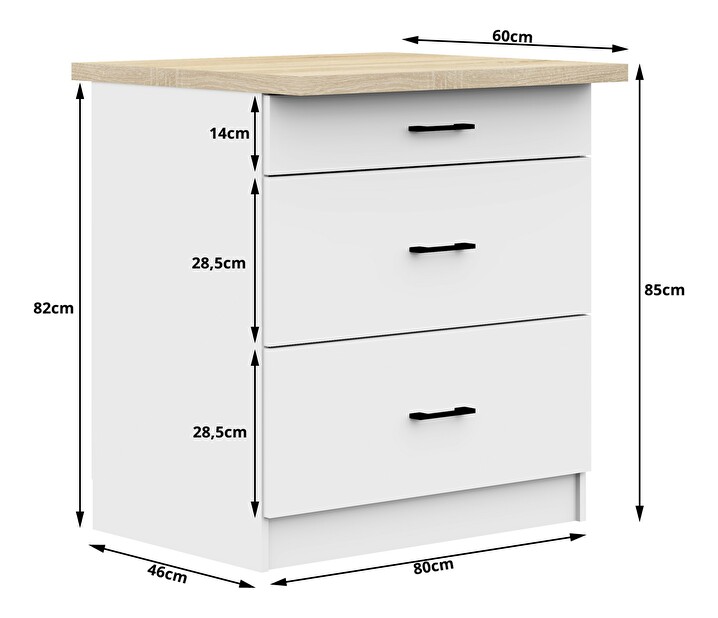 Dulap inferior de bucătărie Ozara S80 3SZ (Alb)