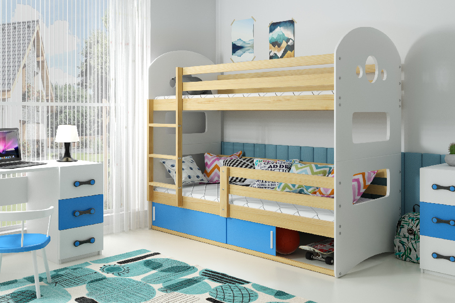 Poschodová posteľ 80 x 160 cm Domur (borovica + modrá) (s roštami, matracmi a úl. priestorom)
