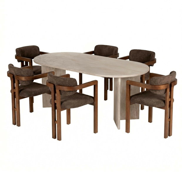 Set masă scaune (pentru 6 persoane) Marida 6 (travertin + nuc + maro)