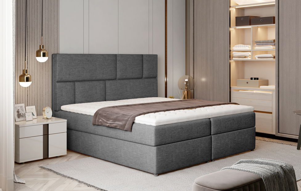Pat matrimonial Boxspring 160 cm Florio (gri) (cu saltele și sp. depozitare)