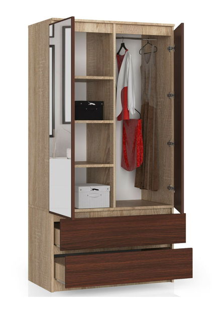 Dulap de haine Safwan II (Stejar sonoma + wenge) (cu oglindă)