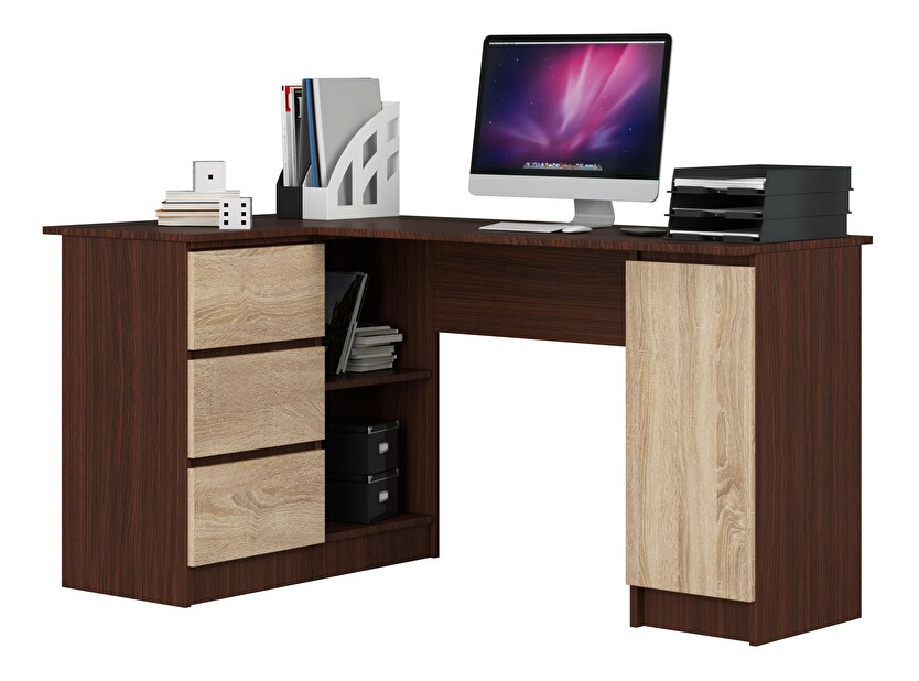 Rohový PC stolík Bevin (wenge + dub sonoma) (L)