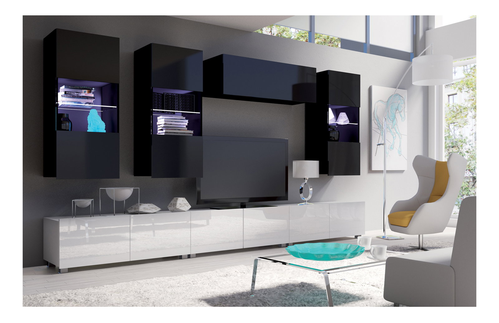 Nappali fal Calabria C11 (fekete + fehér) (világítás nélkül)