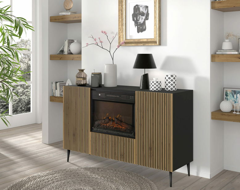 Ormarić s električnim kaminom F 2D1K Rowanna (hrast artisan + crna)