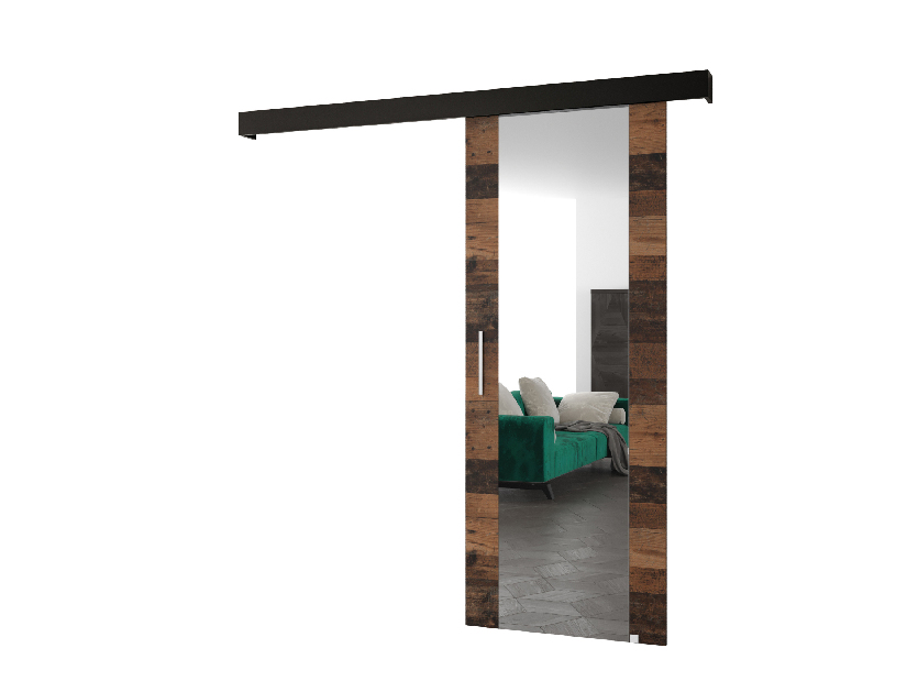 Uși culisante 90 cm Sharlene II (lemn old style + negru mat + argintiu) (cu oglindă)