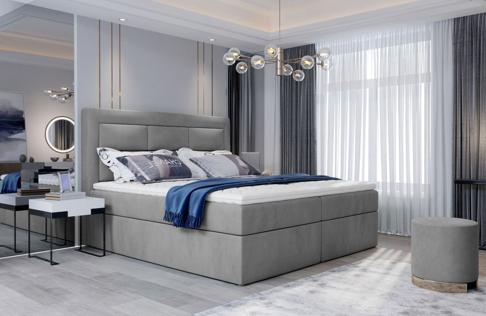 Pat matrimonial Boxspring 180 cm Variv (gri deschis) (cu saltea)