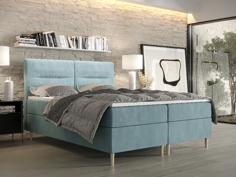 Bračni krevet Boxspring 140 cm Saruta (sivo plava) (s madracem i prostorom za odlaganje)