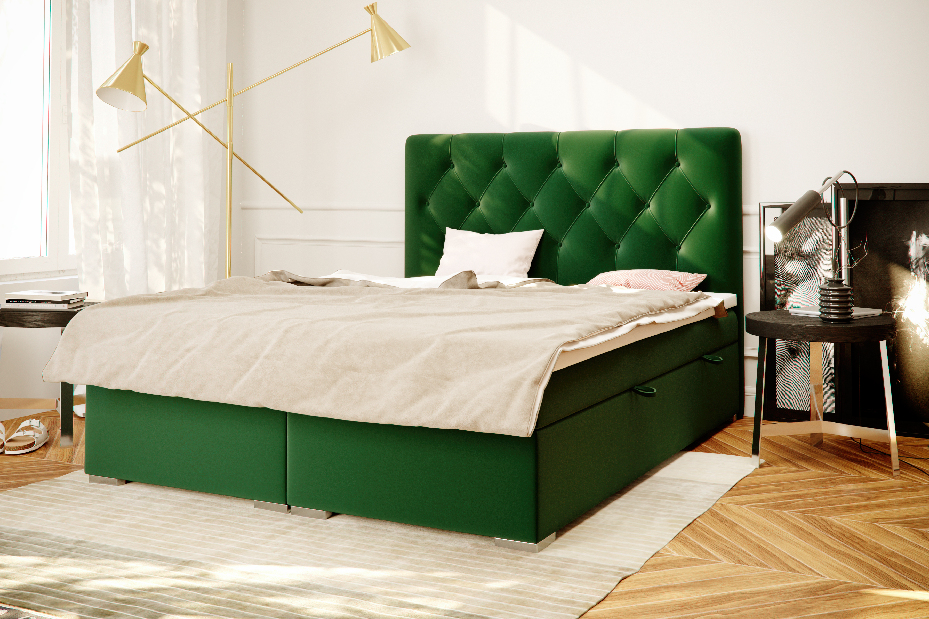 Pat matrimonial Boxspring 160 cm Ronda (verde închis) (cu sp. depozitare)