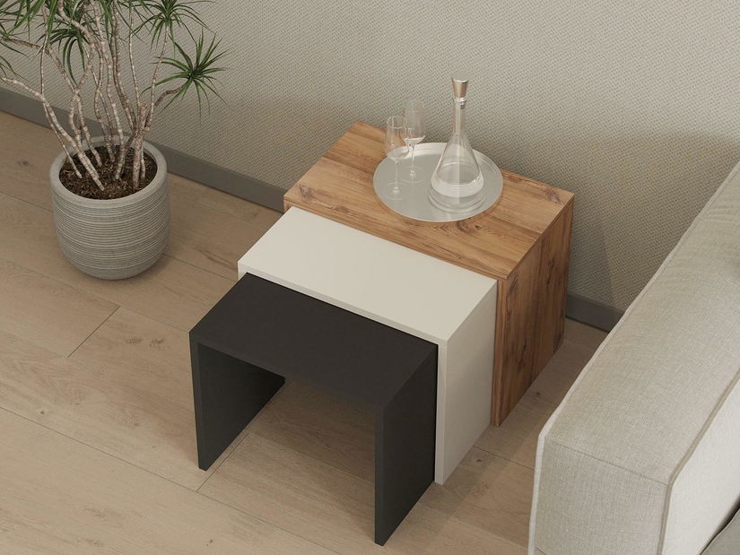Set 3buc. măsuțe cafea Kuduve (antracit + stejar + alb)