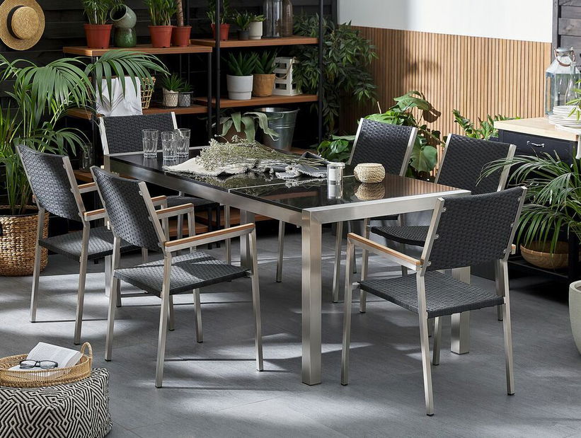 Kerti étkező szett Grosso (fekete) (rattan szék) (6 személy számára) (gránit)